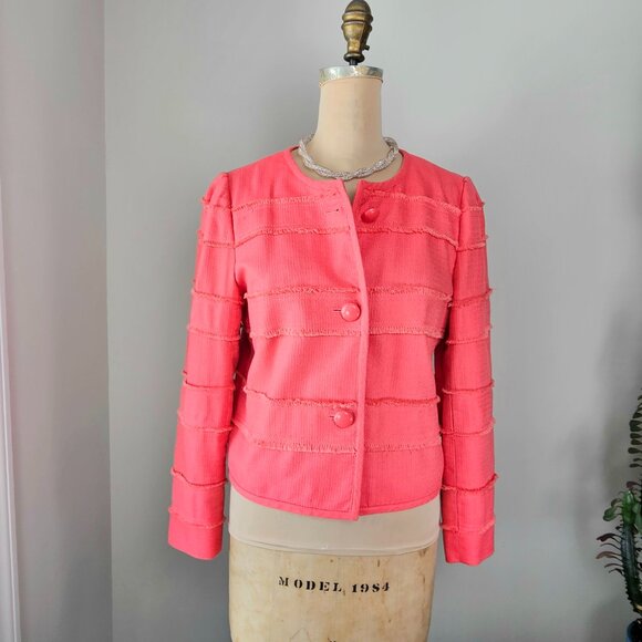 J. Crew Jackets & Blazers - J.Crew Coral Fringe-Trim Cropped Jacket Size 10 Raw Edge Tiered Statement Blazer